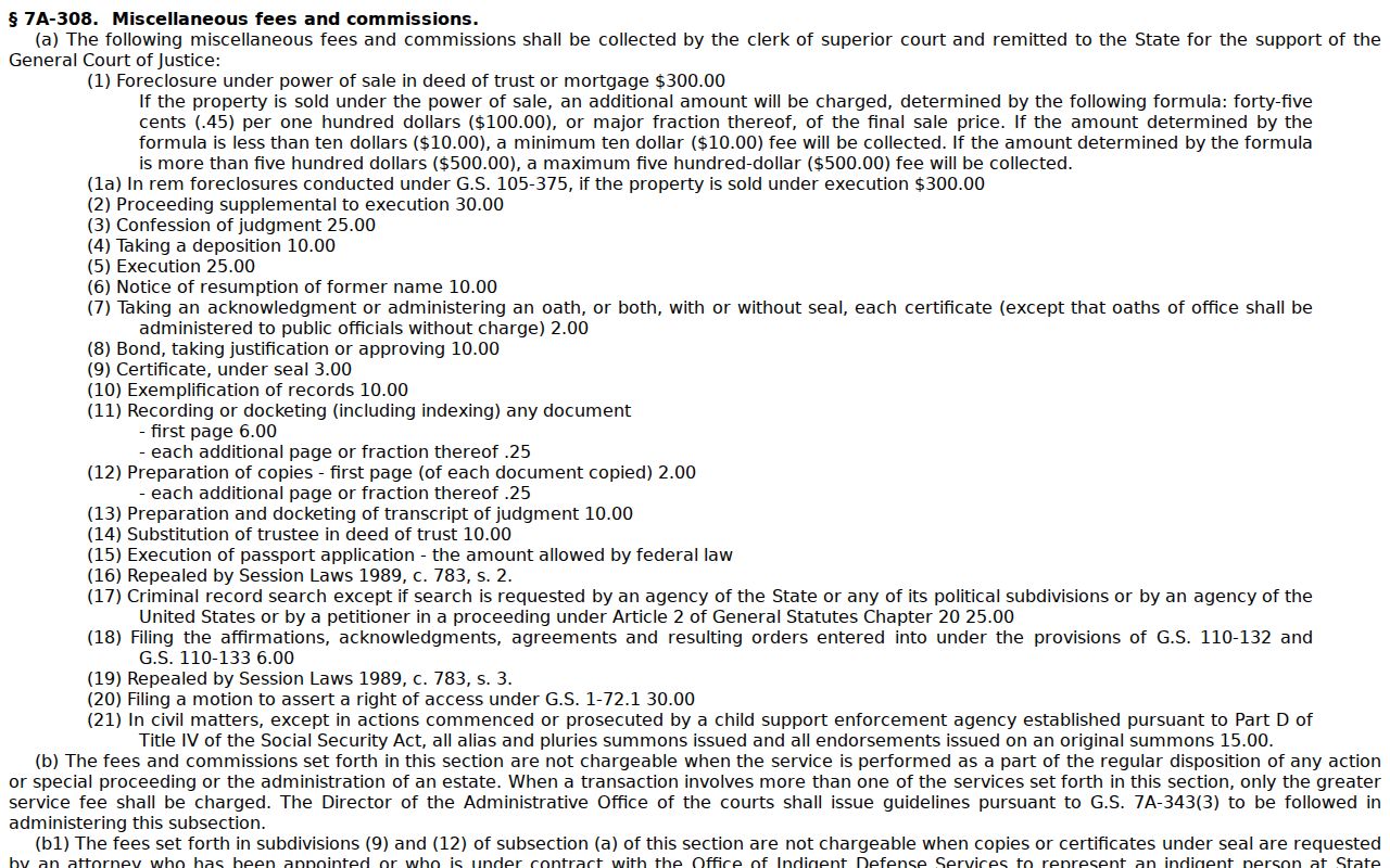 Jones County court case records copy and certification fees under G.S. 7A-308