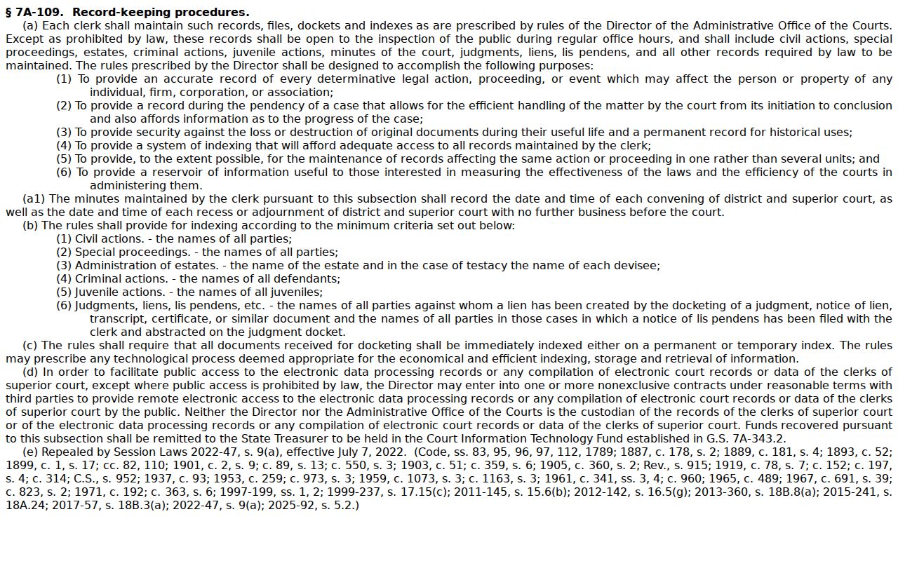 Jones County court case records clerk custodian statute G.S. 7A-109