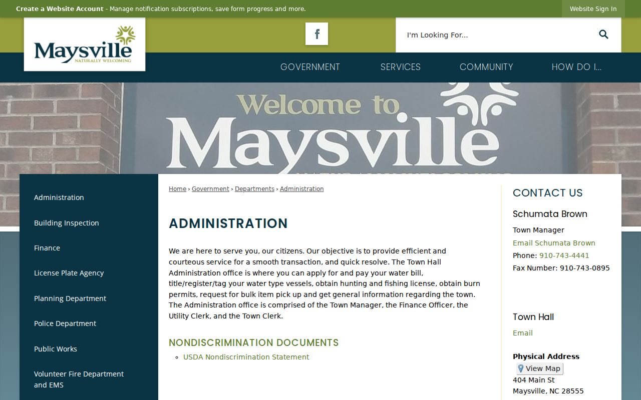 Jones County Maysville court records routing distinction shown by the Town Hall administration page